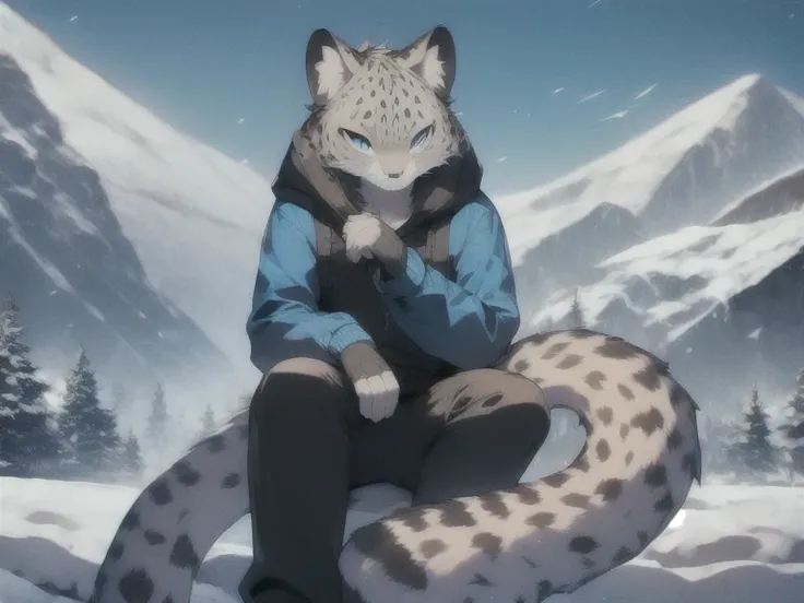 Snow leopard, anthro, wear blue hoodie, black pants, Blue eyes, detailed fur, on the mountain, Winter, sitting in the snow, sunny day, best quality, Masterpiece