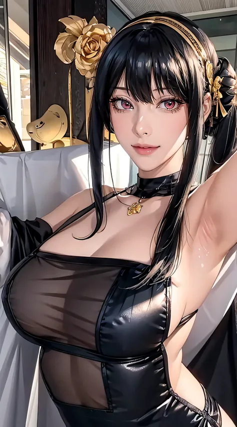 （（（Heather Rose Tartare, through bangs, side locks, shairband, Red pupils, shairband, black hair color hair,Lop, bshoulder,  鎖骨, black long dress，Hang the pendant near your neck，S-shaped body:1.7））），((tmasterpiece)),A high resolution, ((Best quality at bes...