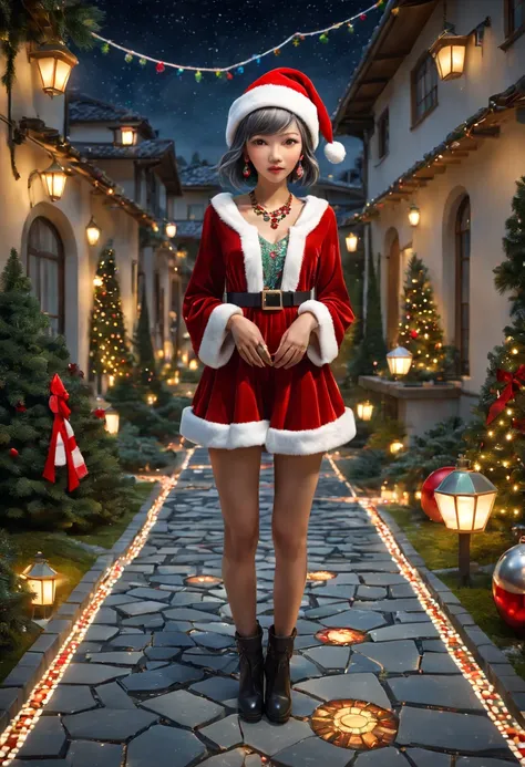 Christmas style，Mosaic clothes, external garden, flagstone road, mirai, the night, Asymmetrical hair, forehead jewel, (santa hat), bead necklace, hoop earings, smug, hyper realisitc, mirai, hyper realisitc, artistic décor, concept-art, Three-dimensional fu...