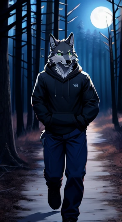 1 Wolf anthro boy, grey wolf, solo, walking, forest, green eyes, wear black hoodie, blue pants, night, full Moon, best quality, Masterpiece