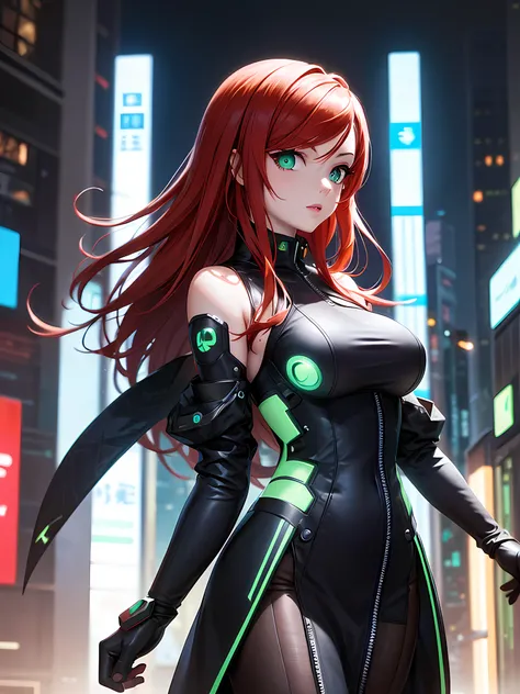 profile picture half body portrait cyberpunk closeup dress up sci-fi, cute anime japan 2d, redhead, green eyes,sharp focus 16k resolution very sharp, hyper detailed, 8k, hyper realistic detail