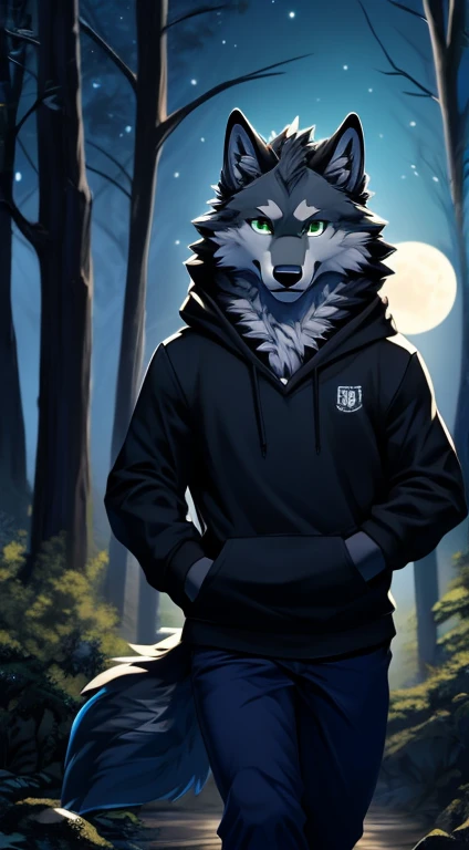 1Wolf anthro boy, grey wolf, solo, walking, forest, green eyes, detailed eyes, wear black hoodie, blue pants, night, full Moon, best quality, Masterpiece