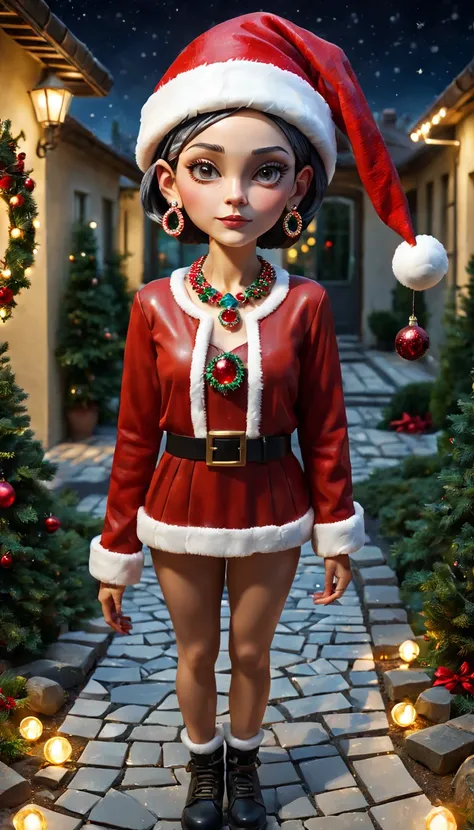 Christmas style，mosaic sculpture, external garden, flagstone road, the night, Asymmetrical hair, forehead jewel, santa hat, bead necklace, hoop earings, smug,hyper realisitc, hyper realisitc, artistic décor, concept-art, lightand shade contrast, Ray trachi...