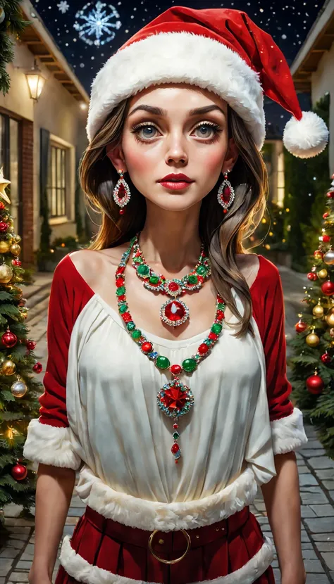 Christmas style，mosaic sculpture, external garden, flagstone road, the night, Asymmetrical hair, forehead jewel, santa hat, bead necklace, hoop earings, smug,hyper realisitc, hyper realisitc, artistic décor, concept-art, lightand shade contrast, Ray trachi...