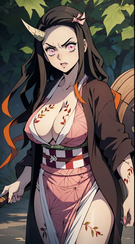 (ultra realistic photo of Nezuko kamado goddess of beauty, bright pink eyes, angry angry expression, she has a horn, 8k, UHD, hottie with ultra giant breasts, huge long breasts sticking out of her kimono, erotic, with long black hair and orange tips, sexy ...