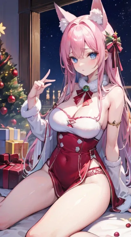 high high quality, tmasterpiece, ultra - detailed, Thigh belt house, Pink Christmas Underwear, 1 sister, Alone, calm expression, cabelos preto e longos, captivating blue eyes, fox ear, , Glowing and radiant skin, christmas, posterior view, Bedrooms