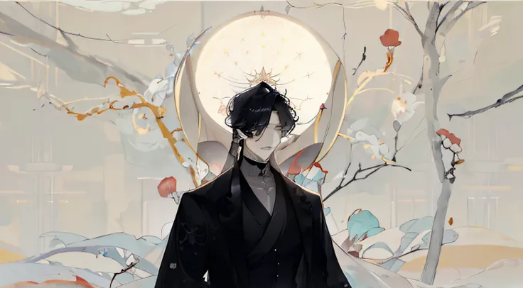 A man in a black suit stands in front of the round window, Inspiration for Masanobu Okumura, heise jinyao, Inspired by Bian Shoumin, Handsome Japanese demon boy, Guviz-style artwork, ((wearing aristocrat robe)), inspired by Itō Ogura Yonesuke, inspired by ...