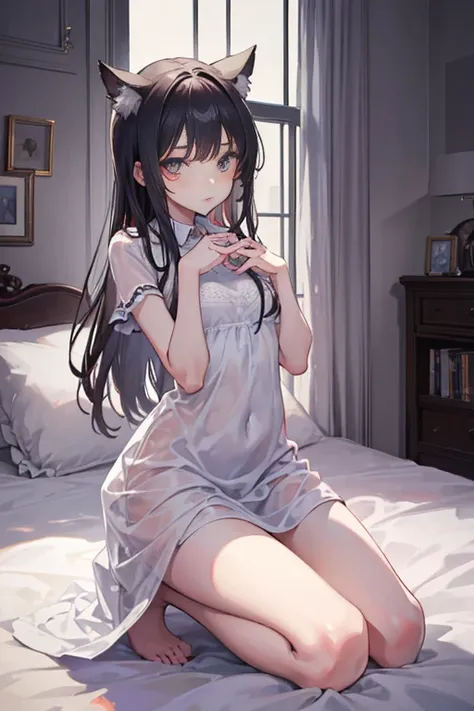 1 girl of about 15 years old，kneeling on a bed，hands spread wide，Slim beauty，Inside the room，delicated face，soft exposed，His face turned slightly red，leg clamp，Full body like