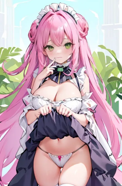 , with an open crotch, 1 plump girl, medium, own, how to, pink hair color hair, Pink Long Hair, Very long hair, inner strength, humongous large breast, Black dress, Shown in , maid headdress, ((Peek at viewers, Decorative style, Green-eyed, face flushed, s...