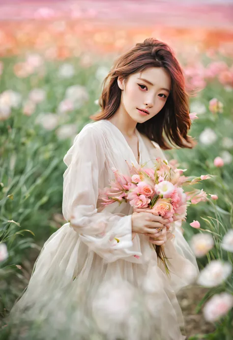 1girl, 20 years old, slg, flower, floating petals, flower field, cropped shoulders, wind, floating hair, glowing hair,