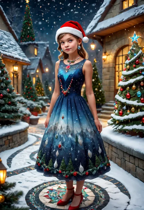 Young girl in a dress with mosaic gems at Christmas standing in an exterior garden, flagstone road, the night,  santa hat, bead necklace, hoop earings, smug,hyper realisitc, Christmas tree，winter landscape，Gentle snowfall，artistic décor, (best quality,4k,8...