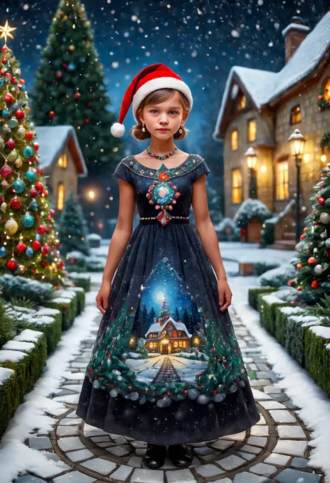 Young girl in a dress with mosaic gems at Christmas standing in an exterior garden, flagstone road, the night,  santa hat, bead necklace, hoop earings, smug,hyper realisitc, Christmas tree，winter landscape，Gentle snowfall，artistic décor, (best quality,4k,8...