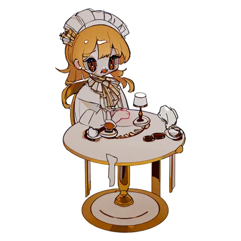 (best quality,4k,8k,highres,masterpiece:1.2),ultra-detailed,(realistic,photorealistic,photo-realistic:1.37),white background,chibi:1.3,bottle background,lamp,pedestal,platform,(fine dining:1.8),