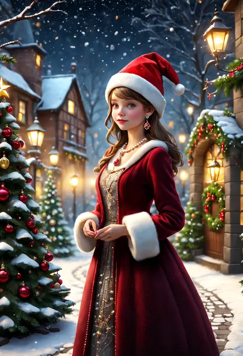 Girl wearing mosaic ruby dresternal garden，Cobblestone paths，the night，santa hat，pearls necklace，Ring earrings，[Christmas tree]，christmaestive atmosphere，winter landscape，[Gentle snowfall]，Magical atmosphere，serene environment，Whimsical scenery best qualit...