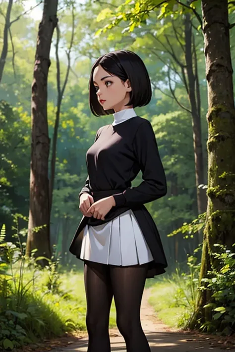 beautiful young woman wearing black tights, sueter apertado branco, short pantyhose, Standing in a forest, usando salto alto, cabelo curto preto, morena