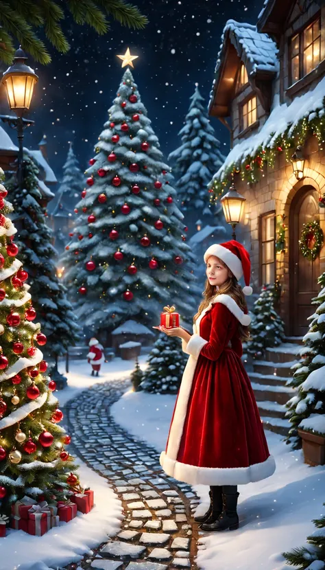 Girl wearing mosaic ruby dresternal garden，Cobblestone paths，the night，santa hat，pearls necklace，Ring earrings，[Christmas tree]，christmaestive atmosphere，winter landscape，[Gentle snowfall]，Magical atmosphere，serene environment，Whimsical scenery best qualit...