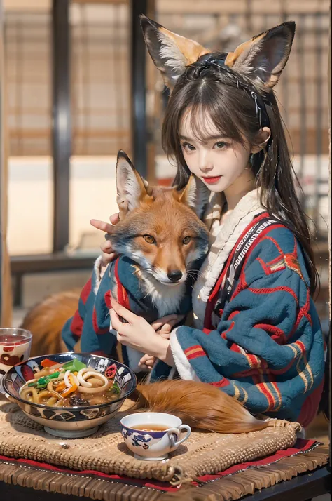 Create a vivid depiction of a 28-year-old brunette woman with tousled hair。, Enjoy udon at the kotatsu. He describes her as an amazing beauty who resembles a fox incarnate.。, Captivating the viewer with a charming expression as he stuffs his face with udon...