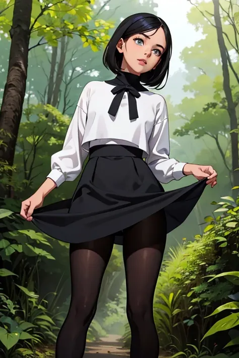 linda jovem com rosto bem detalhado e bonito, belos olhos, belos olhos, rosto lindo, beautiful young woman wearing black tights, sueter apertado branco, short pantyhose, Standing in a forest, usando salto alto, cabelo curto preto, morena