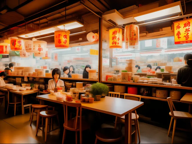 Comic style noodle shop scene，desks，noodle，bowl，chopsticks，customer，Ambient lightinultiple persons，cook，hiyao miyazaki