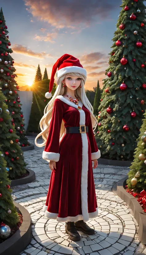 Mosaic Ruby Sculpture, external garden, flagstone road, mirai, the sunset, long whitr hair, santa hat，bead necklace, hoop earings, smug, hyper realisitc, [Christmas tree]，mirai, hyper realisitc, artistic décor, concept-art, Three-dimensional future, lighta...