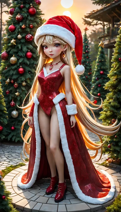 Mosaic Ruby Sculpture, external garden, flagstone road, mirai, the sunset, long whitr hair, santa hat，bead necklace, hoop earings, smug, hyper realisitc, [Christmas tree]，mirai, hyper realisitc, artistic décor, concept-art, Three-dimensional future, lighta...