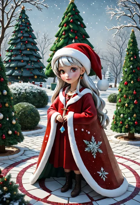 Mosaic Ruby Sculpture, external garden, flagstone road, mirai, the night, long whitr hair, santa hat，bead necklace, hoop earings, smug, hyper realisitc, [Christmas tree]，winter landscape，[Gentle snowfall]，mirai, hyper realisitc, artistic décor, concept-art...