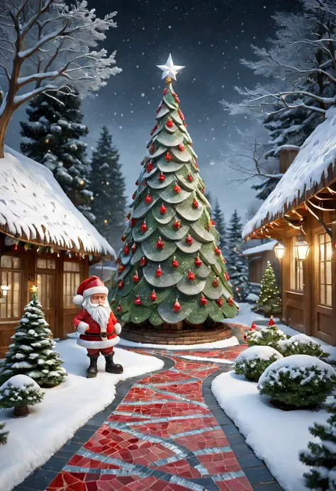 Mosaic Ruby Sculpture, external garden, flagstone road, mirai, the night, long whitr hair, santa hat，bead necklace, hoop earings, smug, hyper realisitc, [Christmas tree]，winter landscape，[Gentle snowfall]，mirai, hyper realisitc, artistic décor, concept-art...