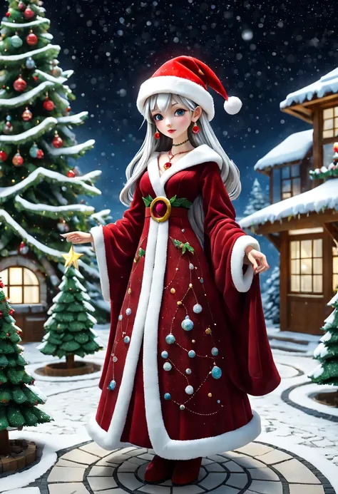 Mosaic Ruby Sculpture, external garden, flagstone road, mirai, the night, long whitr hair, santa hat，bead necklace, hoop earings, smug, hyper realisitc, [Christmas tree]，winter landscape，[Gentle snowfall]，mirai, hyper realisitc, artistic décor, concept-art...