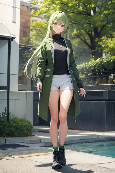 a girl with sage green long hair, sage green jacket, sage green sport shirt and sport shorts, realistic, full body