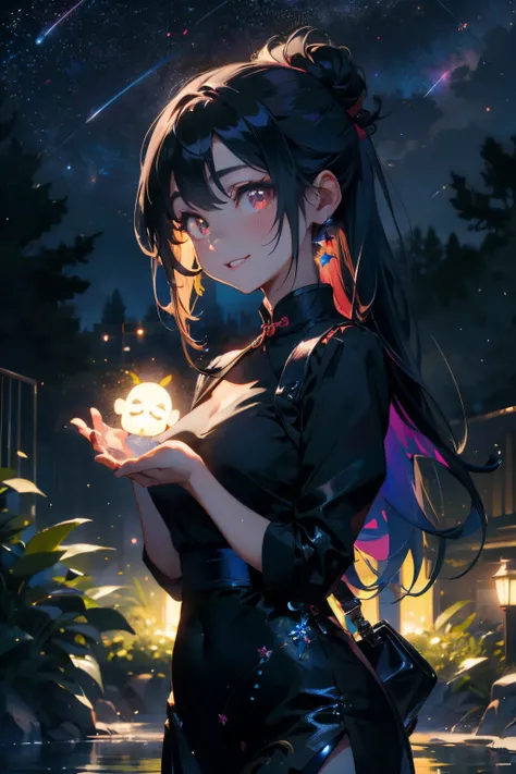 a 20 yo woman、Black blue Hair、poneyTail、Bun hair、Big smile、iridescent eye op fade:1.3)、dark themed、Muted Tones、Subdued Color、highly contrast、qipao dress、(natural skin textures、Hyper-Realism、Soft light、sharp)、Master Parts, Gorgeous, landscape, (((cha_Huma d...