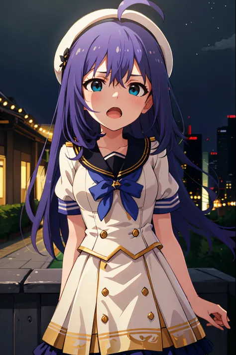 {{{{{mochizuki anna}}}}},1girl,solo,long hair,purple hair,small_ahoge,blue eyes.short stature.idol clothes.skirt.beret.(((masterpiece))).(((best quality))).((ultra-detailed))).(((illustration))).night view.small Breasts.Sad face.open mouth