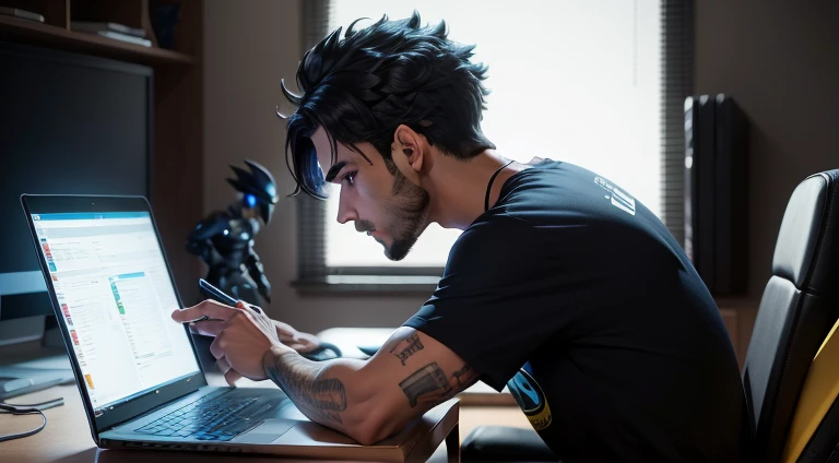 um homem em uma sala gamer trabalhando em Laptop, cabelo preto longo, Side view, quarto grande, estante com jogos e action figures,, local escuro parcialmente iluminado pela tela do laptop, cores pretas e roxas