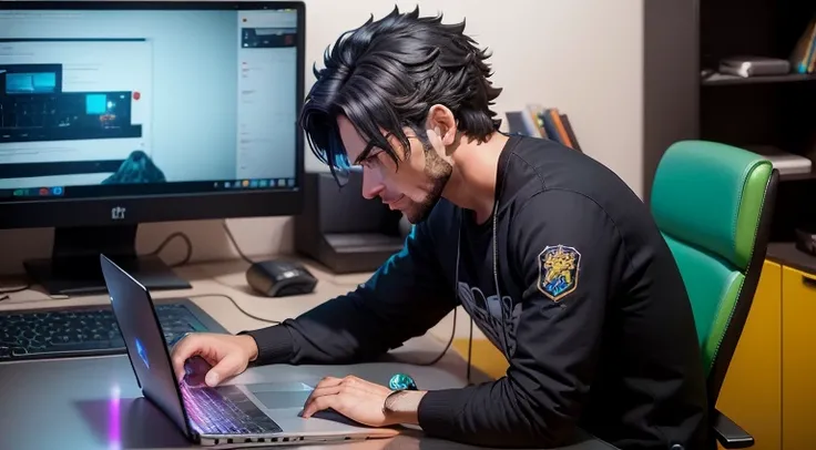 um homem em uma sala gamer trabalhando em Laptop, cabelo preto longo, Side view, quarto grande, estante com jogos e action figures,, local escuro parcialmente iluminado pela tela do laptop, cores pretas e roxas