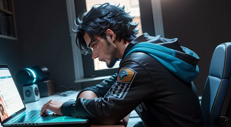 um homem em uma sala gamer trabalhando em Laptop, cabelo preto longo, Side view, quarto grande, estante com jogos e action figures,, local escuro parcialmente iluminado pela tela do laptop, cores pretas e roxas