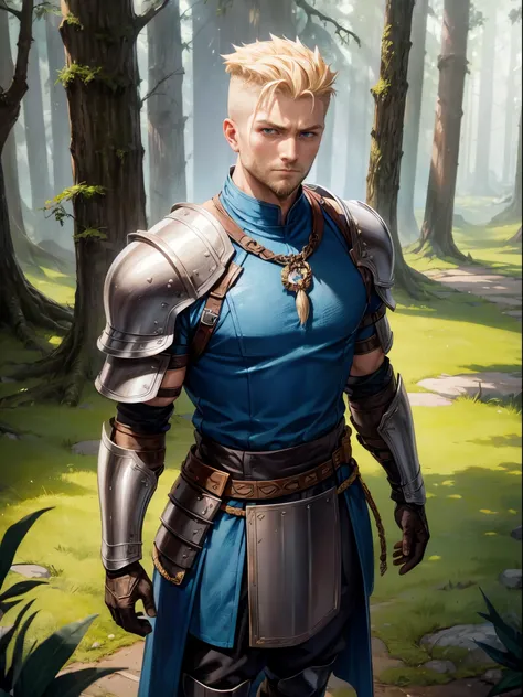 (((1boy))), dirty blonde hair, undercut hair, shaved sides of head, (short full beard), blue eyes, (young), clear face, tall, (average build), wearing Viking armor, blue shirt, leather armor, dungeons and dragons, DnD, D&D, fighter, warrior, Viking, Norse ...