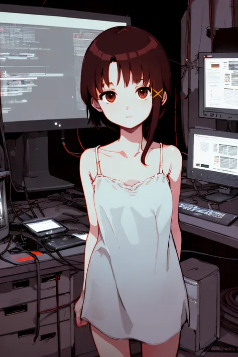 1girl, iwakura lain, brown eyes, camlain, white camisole, indoors, dark room,cyberpunk, computers, digital noise, computer cable...