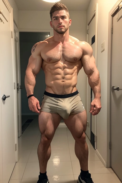 good looking handsome 30 year rugby player Natsu Dragneel, English , short hair, muscular buff body like army , stubble, hairy chest,shower, NSFW, naked , full body , standing , angry , tight shorts, bulge8J