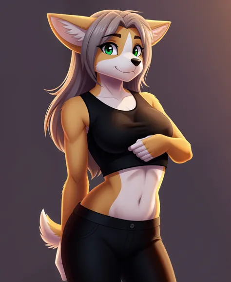 masterpiece, young adult, solo, (woman:1.2), (anthro, dog, welsh corgi:1.2), (brown body), (long hair, silver hair), (green eyes), (black colored top with lining:0.7, royal crop top:1.35), (black pants:1.1), (shy, adorable face, cute), furry, 61 ft tall, (...