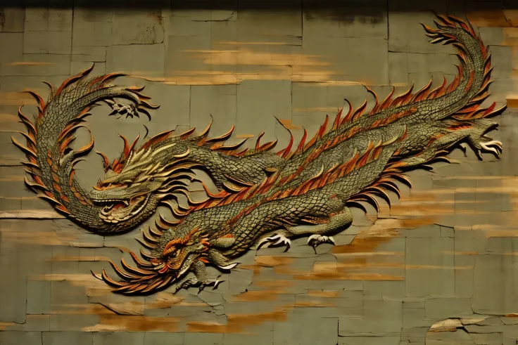 Aged mural of a Chinese long dragon, old fresco, Chinese long dragon, aging effect, crack effect, ancient art, tmasterpiece