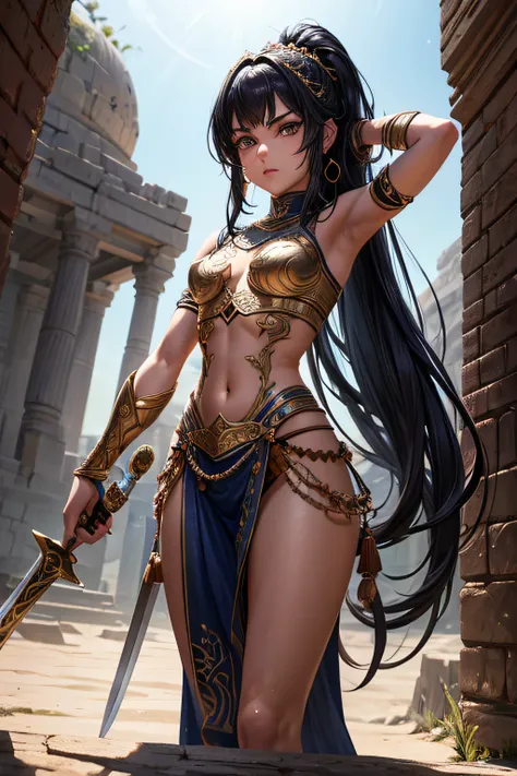 young persian teen girl, ancient persian warrior, wielding an arabic sword, evil look,,combat stance, facepaint, bodypaint, sexi, small breasts, ancient persian battle dress and armor, desert in background, highly detailed, vibrant appearance, creative beh...