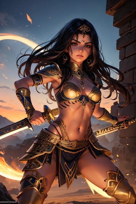 young persian teen girl, ancient persian warrior, wielding an arabic sword, evil look,,combat stance, facepaint, bodypaint, sexi, small breasts, ancient persian battle dress and armor, desert in background, highly detailed, vibrant appearance, creative beh...