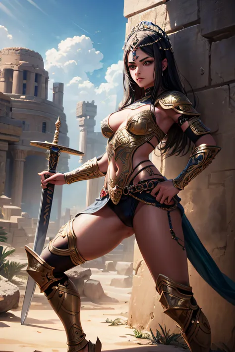 young persian teen girl, ancient persian warrior, wielding an arabic sword, evil look,,combat stance, facepaint, bodypaint, sexi, small breasts, ancient persian battle dress and armor, desert in background, highly detailed, vibrant appearance, creative beh...