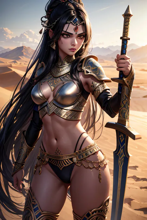 young persian teen girl, ancient persian warrior, wielding an arabic sword, evil look,,combat stance, facepaint, bodypaint, sexi, small breasts, ancient persian battle dress and armor, desert in background, highly detailed, vibrant appearance, creative beh...