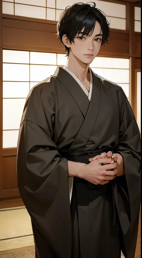 masutepiece, high-level image quality, A young man wearing a beautiful kimono, Japanese-style room at the ryokan, Beautiful facial features, Accurately and beautifully depict faces and bodies, Short-haired black hair