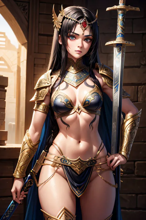 young persian teen girl, ancient persian warrior, wielding an arabic sword, evil look,,combat stance, facepaint, bodypaint, sexi, small breasts, ancient persian battle dress and armor, desert in background, highly detailed, vibrant appearance, creative beh...