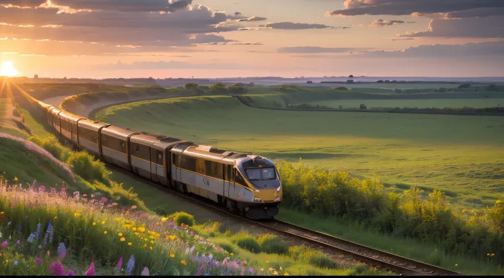 A train traveling on the prairie，There are low hills in the distance，The morning sun shines on the train，The ground  covered with wild flowers