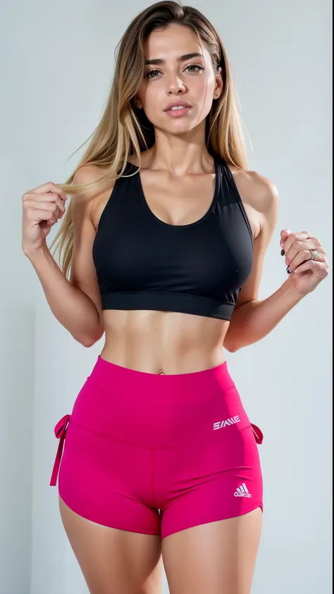 um close up de uma mulher de saia rosa posando para uma foto, sport bra and shorts, two piece workout clothes, detailed sports bra, sports bra, Esporte bom, brassier, topo de cabresto preto, top de cabresto rosa quente, usando uma regata preta cropped, usa...