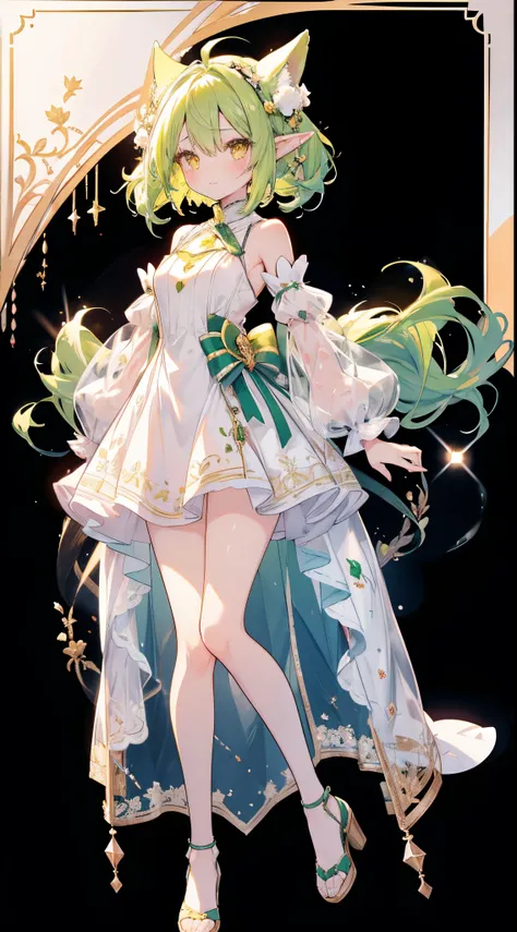 this is a picture of elf girl in a white dress with hair, 1girl, white background, dress, green hair, yellow eyes, detached slee...