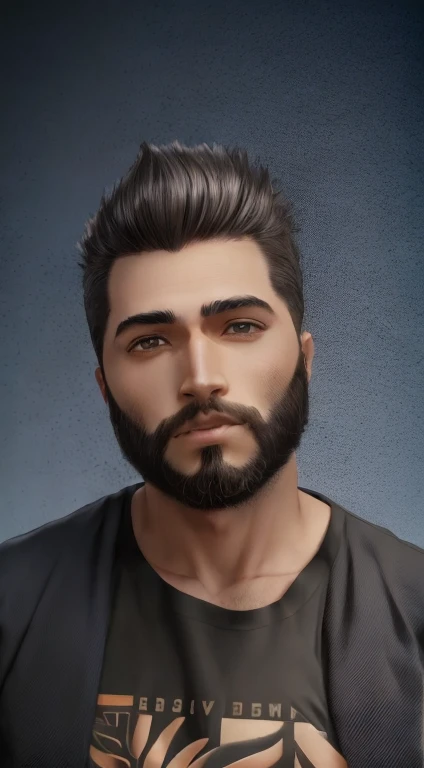 Homem com barba, piercing no nariz e camisa preta, anime, realistic animation style