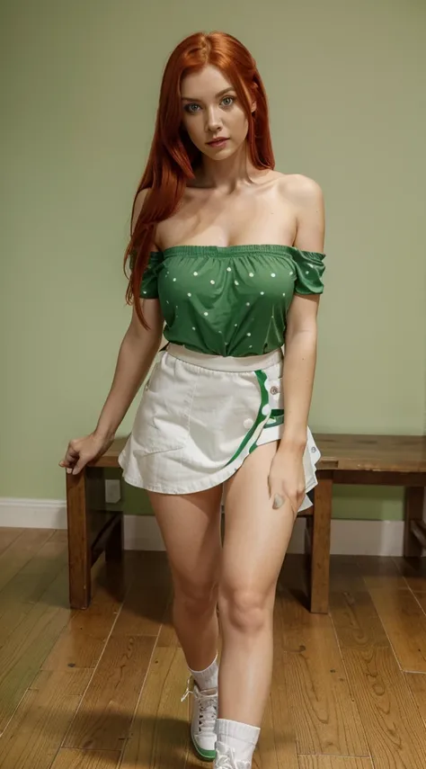 Fully clothed British woman, bright red hair thats so long it touches the floor, green eyes, fringy white off-the-shoulder shirt, british racing green ankle-length skirt, converse high-tops, green on green polka-dot bandanna in hair, large bust